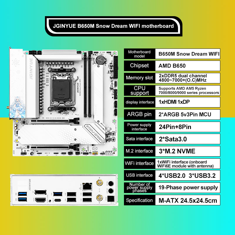 JGINYUE B650M Snow Dream WIFI  - Am5 Micro Atx Pcie 5.0 Motherboard review and price